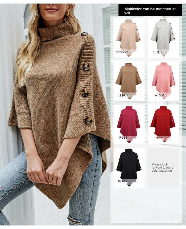 Autumn Winter Button Sweater Oversized Turtleneck Jumper Knitwear Holiday Vintage Cape Batwing Sleeve Poncho Pullover The Clothing Company Sydney