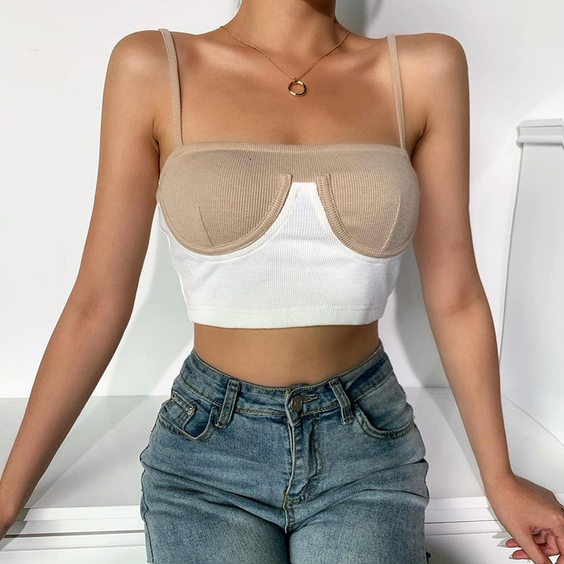 Cami top summer rib knit bikini patchwork slash neck slim skinny backless crop top casual strap top The Clothing Company Sydney