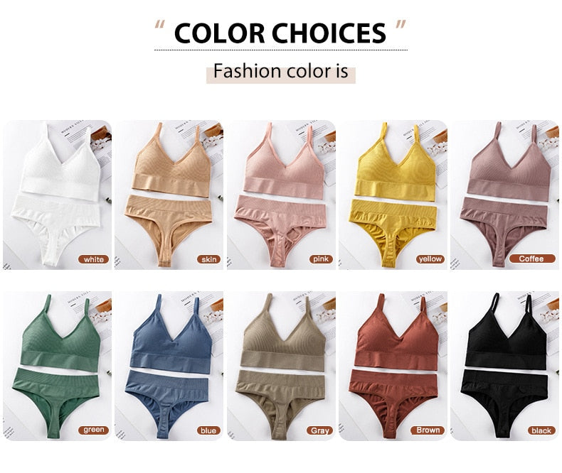 2 Piece Cotton Mix Underwear Short Ribbed Brassiere Thong Low Waist Panties Women Seamless Bra Lingerie Set The Clothing Company Sydney