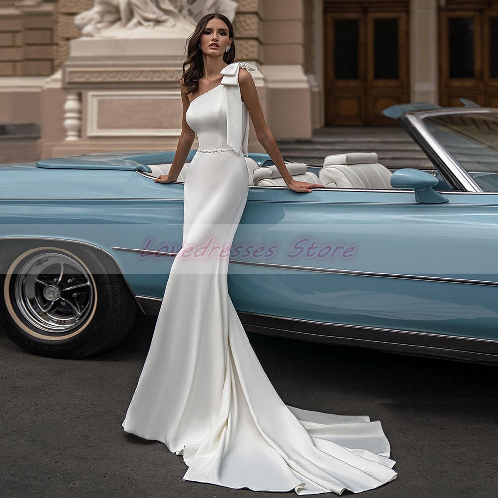 Elegant Sleeveless Mermaid Wedding Dresses Sweep Train Bows Sashes Square Collar Covered Button Bridal Gowns The Clothing Company Sydney