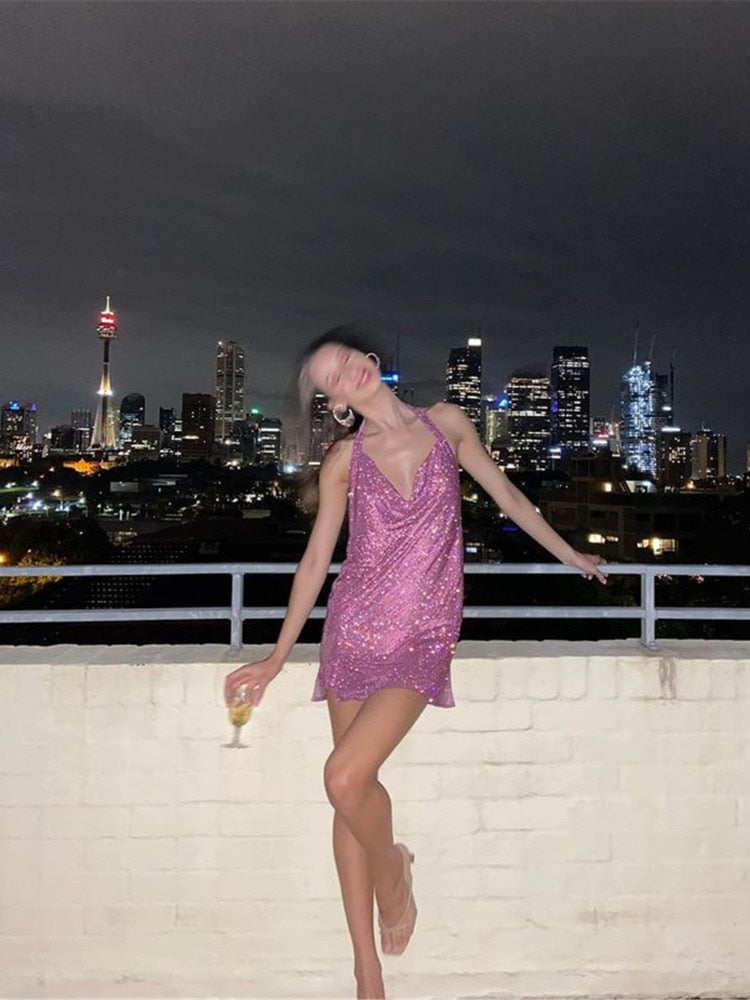 Rhinestone Mini Party Backless Pink Halter Night Club Glitter Sequin Dress The Clothing Company Sydney