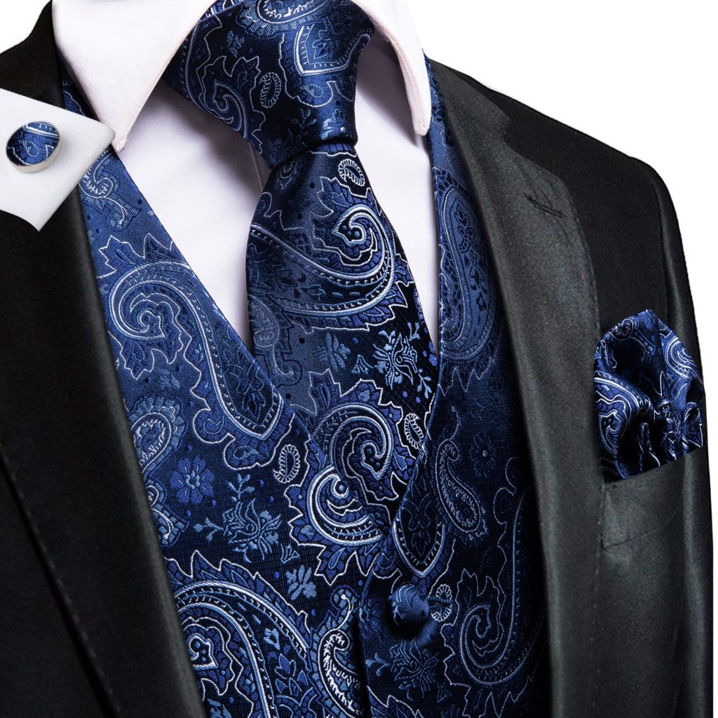 Men's Vests and Tie Business Formal Dresses Slim Vest 4piece Hanky cufflinks for Suit Blue Paisley Waistcoat The Clothing Company Sydney