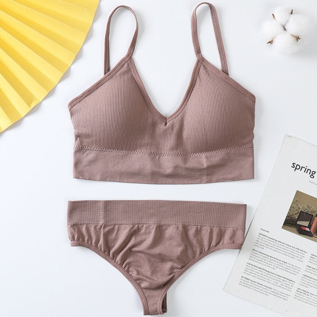 2 Piece Cotton Mix Underwear Short Ribbed Brassiere Thong Low Waist Panties Women Seamless Bra Lingerie Set The Clothing Company Sydney