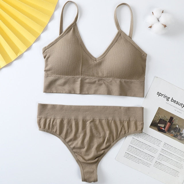 2 Piece Cotton Mix Underwear Short Ribbed Brassiere Thong Low Waist Panties Women Seamless Bra Lingerie Set The Clothing Company Sydney