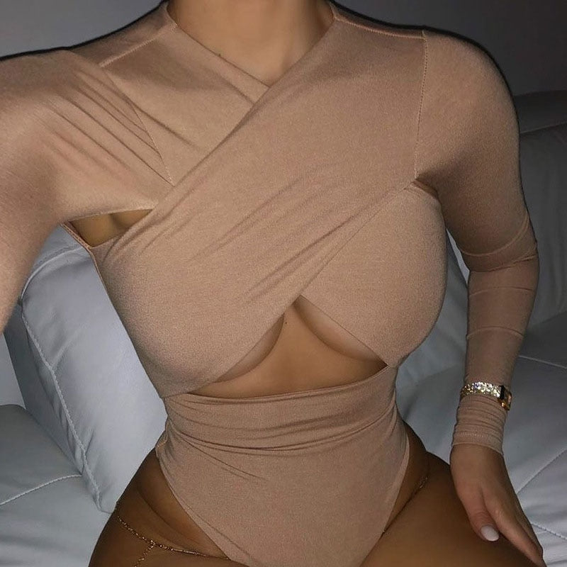 Hollow Out Body Tops Solid Casual Slim Long Sleeve Bodysuit Autumn Bodycon Bodysuit The Clothing Company Sydney