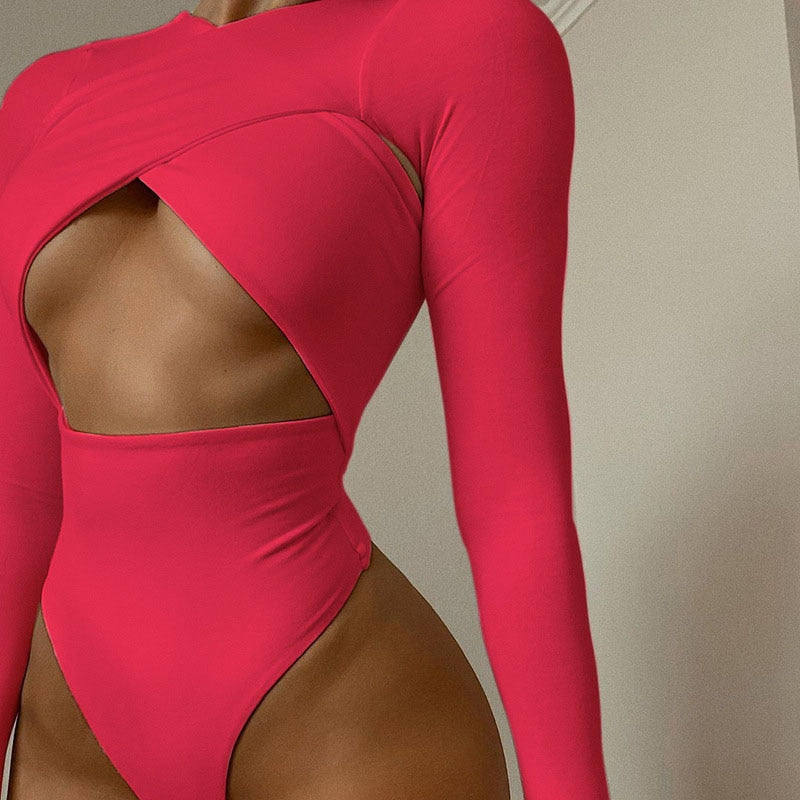 Hollow Out Body Tops Solid Casual Slim Long Sleeve Bodysuit Autumn Bodycon Bodysuit The Clothing Company Sydney