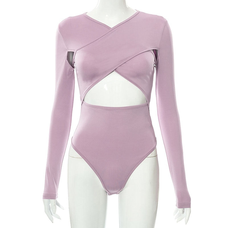 Hollow Out Body Tops Solid Casual Slim Long Sleeve Bodysuit Autumn Bodycon Bodysuit The Clothing Company Sydney