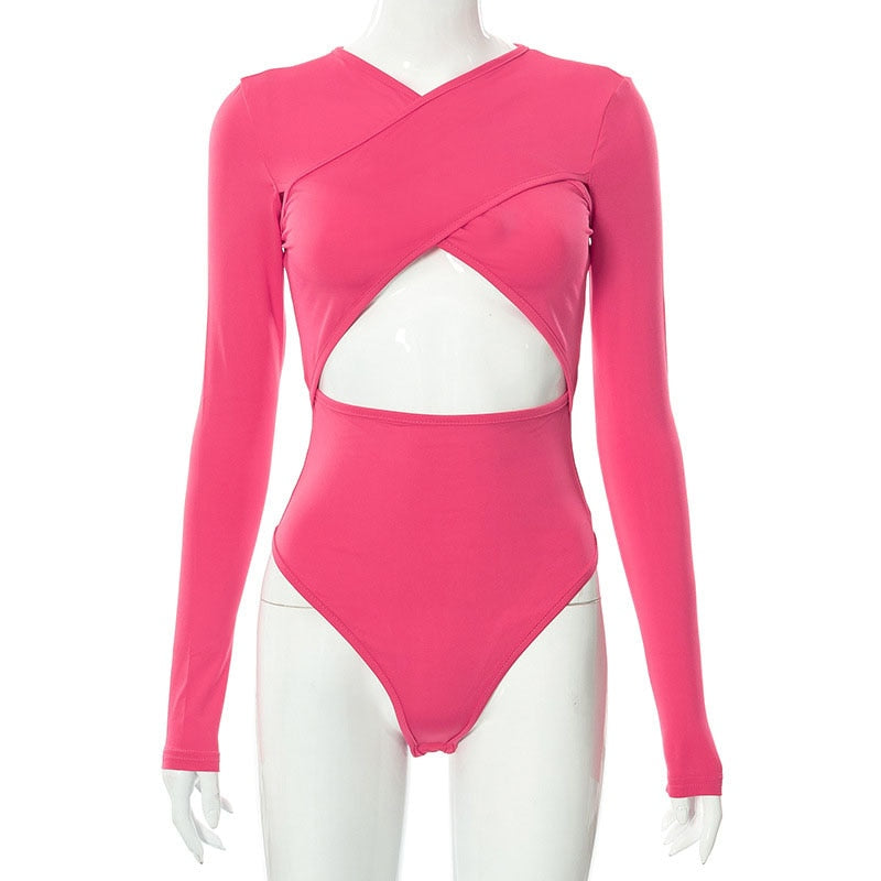 Hollow Out Body Tops Solid Casual Slim Long Sleeve Bodysuit Autumn Bodycon Bodysuit The Clothing Company Sydney