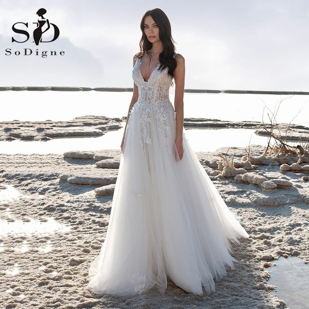 Ivory Beach Wedding Dress Sexy V Neck Backless Appliqued Lace Bride Dresses Wedding Gown The Clothing Company Sydney
