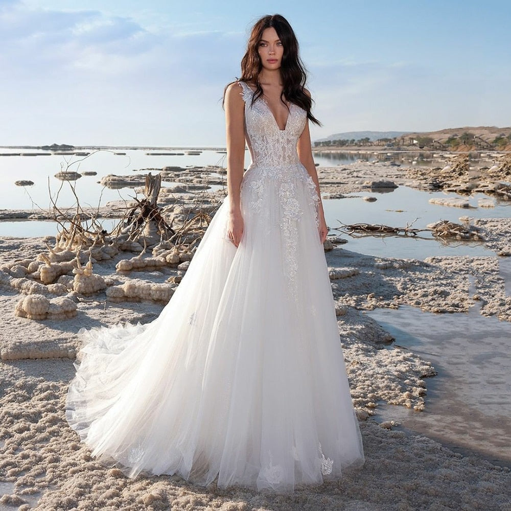 Ivory Beach Wedding Dress Sexy V Neck Backless Appliqued Lace Bride Dresses Wedding Gown The Clothing Company Sydney