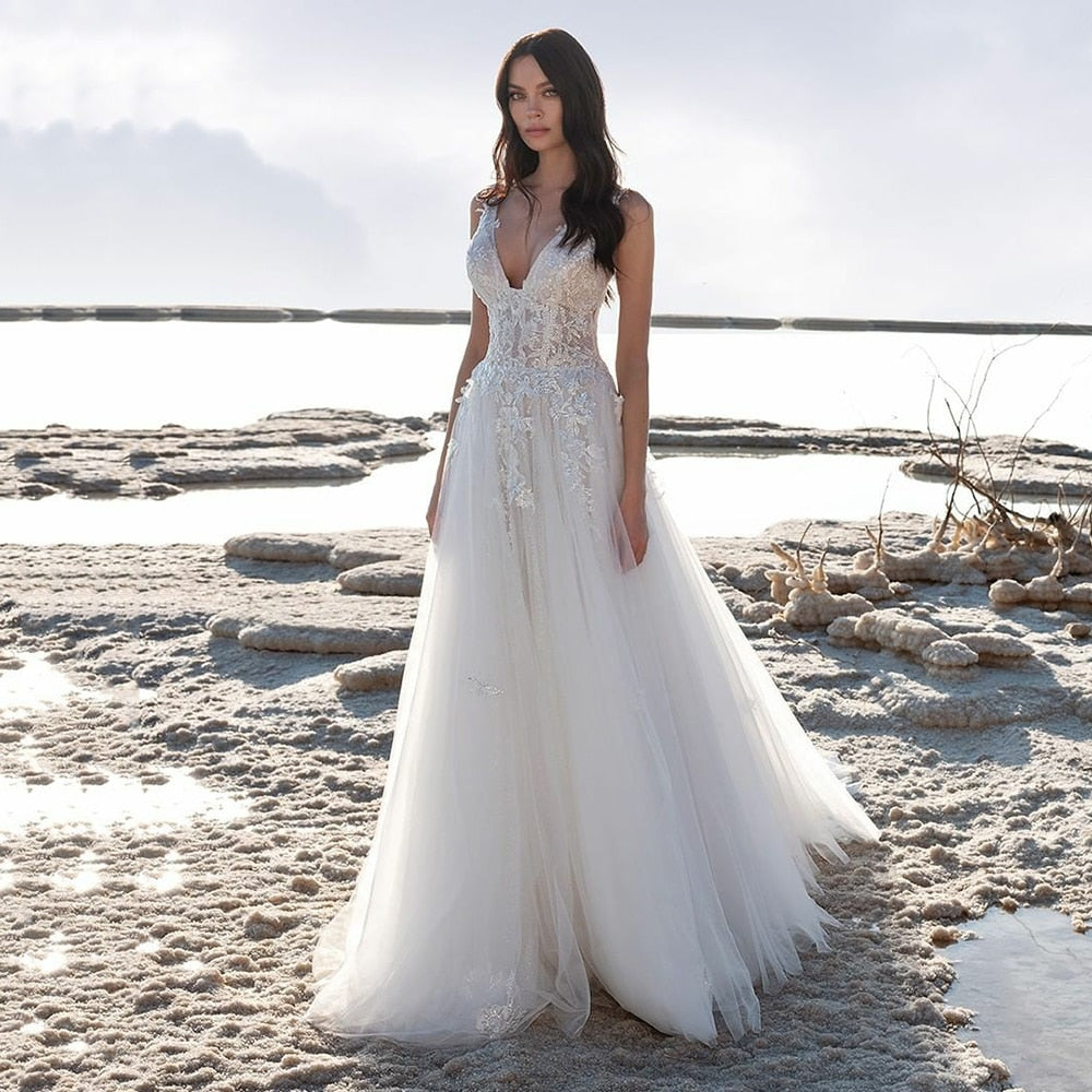 Ivory Beach Wedding Dress Sexy V Neck Backless Appliqued Lace Bride Dresses Wedding Gown The Clothing Company Sydney