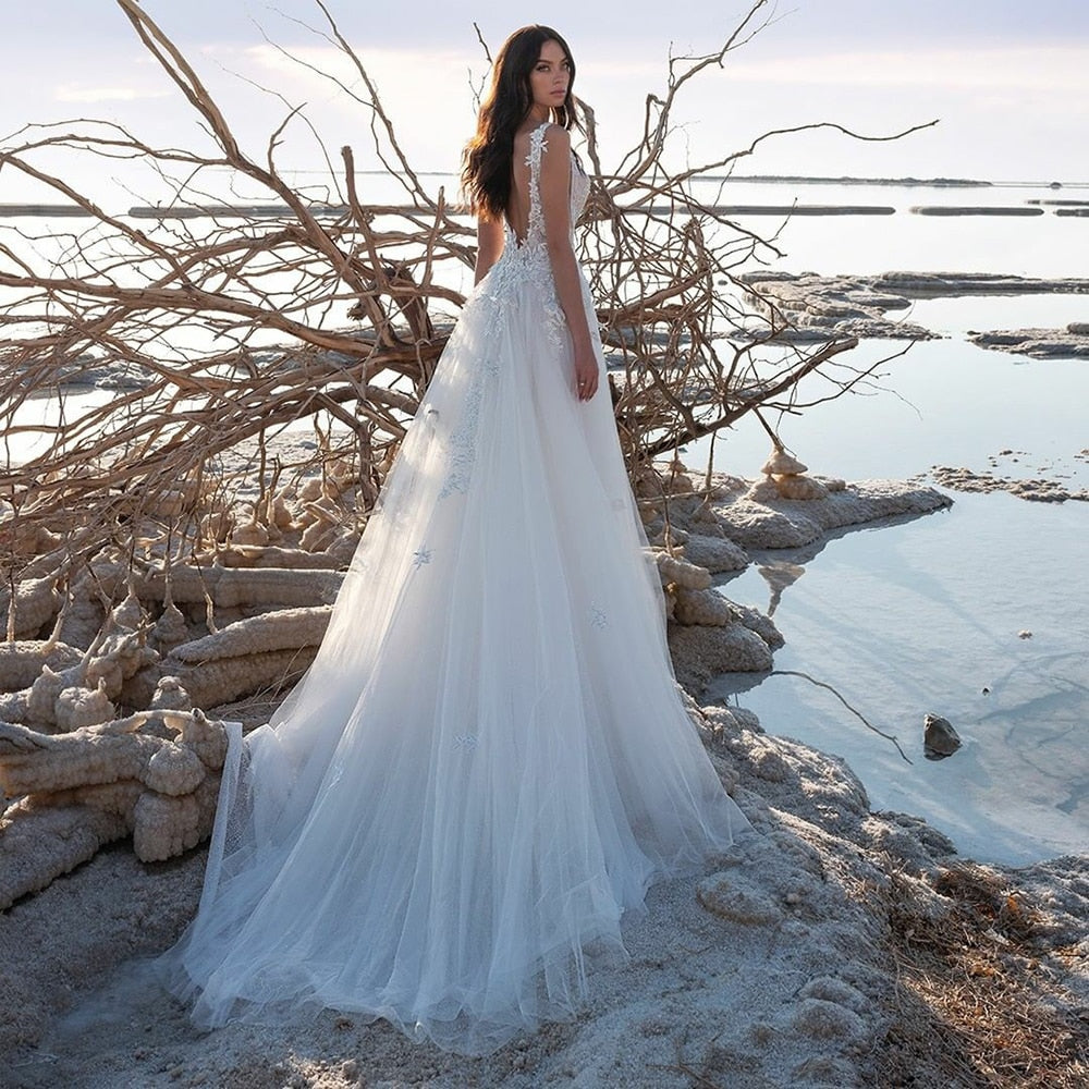 Ivory Beach Wedding Dress Sexy V Neck Backless Appliqued Lace Bride Dresses Wedding Gown The Clothing Company Sydney