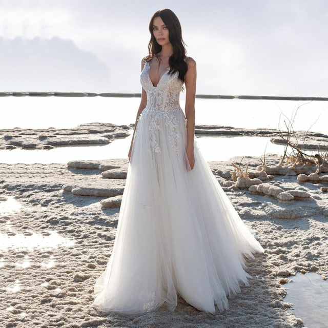 Ivory Beach Wedding Dress Sexy V Neck Backless Appliqued Lace Bride Dresses Wedding Gown The Clothing Company Sydney