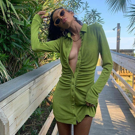 Turn-Down Collar Green Shirt Club Party Long Sleeve Button Mini Dress Spring Streetwear The Clothing Company Sydney