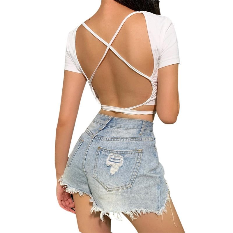 Backless t shirt crop top summer short sleeve lace up criss cross party club streetwear T shirt slim tops The Clothing Company Sydney