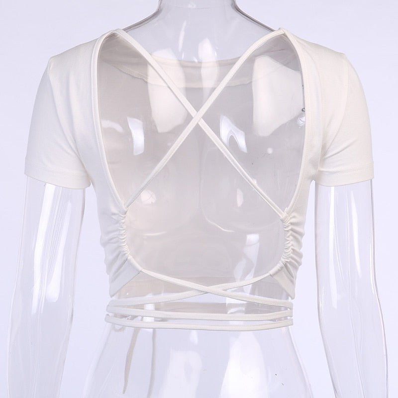 Backless t shirt crop top summer short sleeve lace up criss cross party club streetwear T shirt slim tops The Clothing Company Sydney