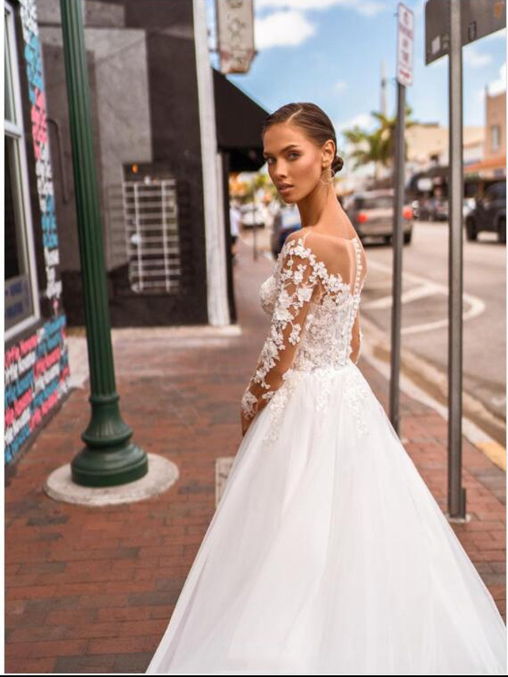 Boho Wedding V Neck Lace Appliques Bride Long Sleeves Princess Tulle Wedding Gown Dress The Clothing Company Sydney