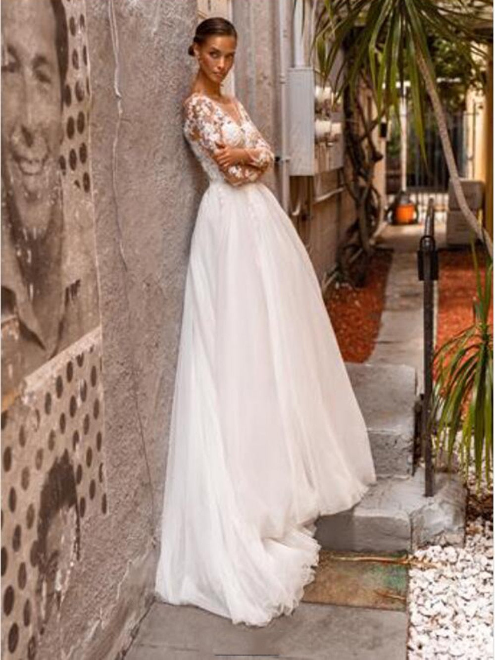 Boho Wedding V Neck Lace Appliques Bride Long Sleeves Princess Tulle Wedding Gown Dress The Clothing Company Sydney