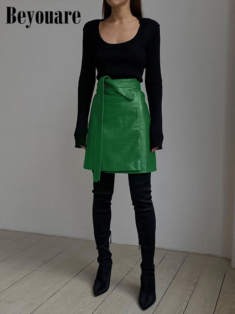 Faux Leather Crocodile Pattern A-Line Skirt Elegant Green High Waist Split Mini Skirt The Clothing Company Sydney