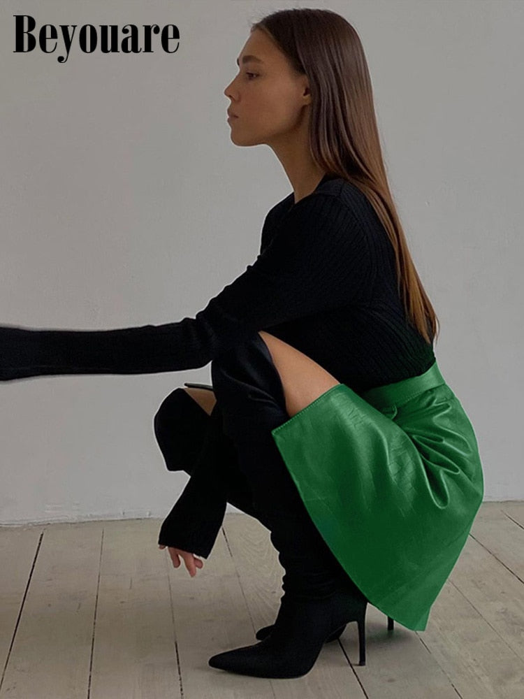 Faux Leather Crocodile Pattern A-Line Skirt Elegant Green High Waist Split Mini Skirt The Clothing Company Sydney