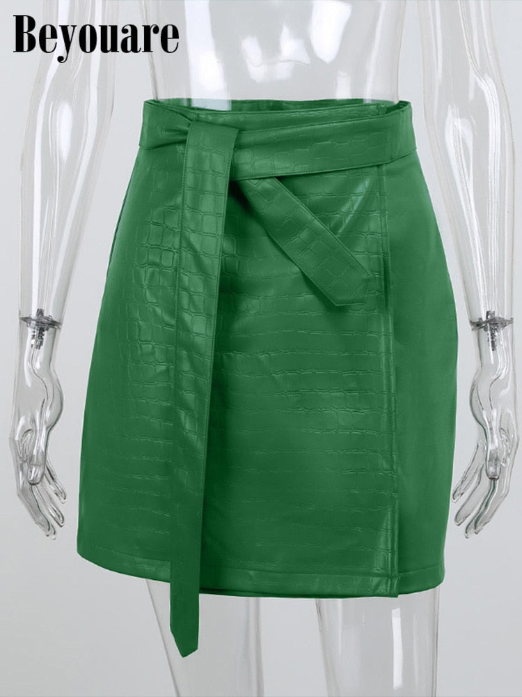Faux Leather Crocodile Pattern A-Line Skirt Elegant Green High Waist Split Mini Skirt The Clothing Company Sydney