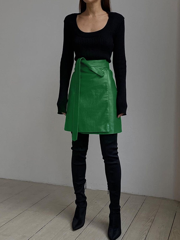 Faux Leather Crocodile Pattern A-Line Skirt Elegant Green High Waist Split Mini Skirt The Clothing Company Sydney