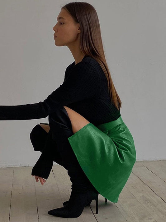 Faux Leather Crocodile Pattern A-Line Skirt Elegant Green High Waist Split Mini Skirt The Clothing Company Sydney