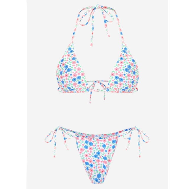 Solid Color Bikini Set Floral Print Swimwear Bathing Suit Bikinis String Swimsuit The Clothing Company Sydney