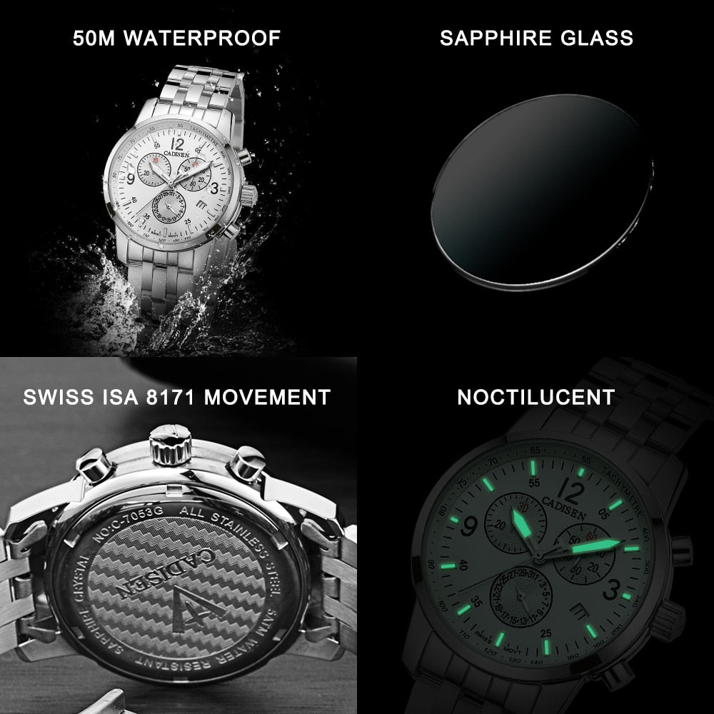 CADISEN New Mens Sports Quartz Watches Swiss ISA Cal.8171 movement Top Brand Sapphire Waterproof Chronograph Luxury Reloj Hombre The Clothing Company Sydney