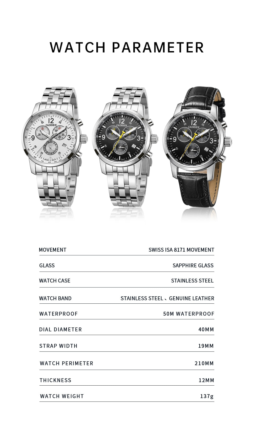 CADISEN New Mens Sports Quartz Watches Swiss ISA Cal.8171 movement Top Brand Sapphire Waterproof Chronograph Luxury Reloj Hombre The Clothing Company Sydney