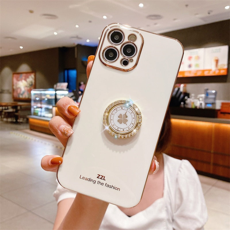 Clover Diamond Plating Ring Holder Stand Soft Case For IPhone 13 12 11 Pro MAX XS XR X 7 8 Plus 12 Mini SE 20 Bumper Cover The Clothing Company Sydney