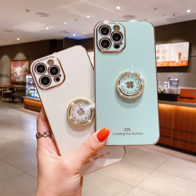 Clover Diamond Plating Ring Holder Stand Soft Case For IPhone 13 12 11 Pro MAX XS XR X 7 8 Plus 12 Mini SE 20 Bumper Cover The Clothing Company Sydney