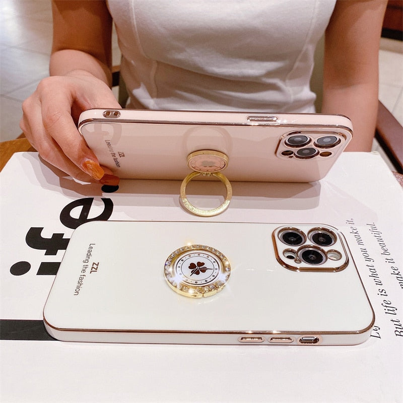 Clover Diamond Plating Ring Holder Stand Soft Case For IPhone 13 12 11 Pro MAX XS XR X 7 8 Plus 12 Mini SE 20 Bumper Cover The Clothing Company Sydney