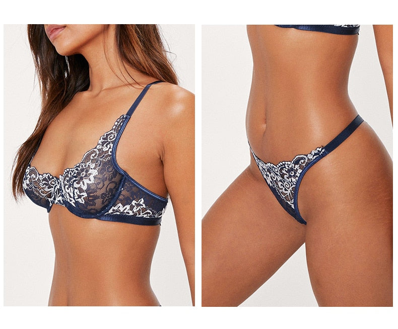 2 Piece Lingerie Deep-V Brief Floral Embroidery Underwear Push up Underwire Bra Transparent Intimate Set The Clothing Company Sydney