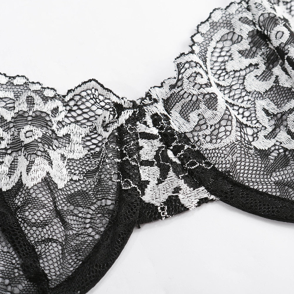 2 Piece Lingerie Deep-V Brief Floral Embroidery Underwear Push up Underwire Bra Transparent Intimate Set The Clothing Company Sydney