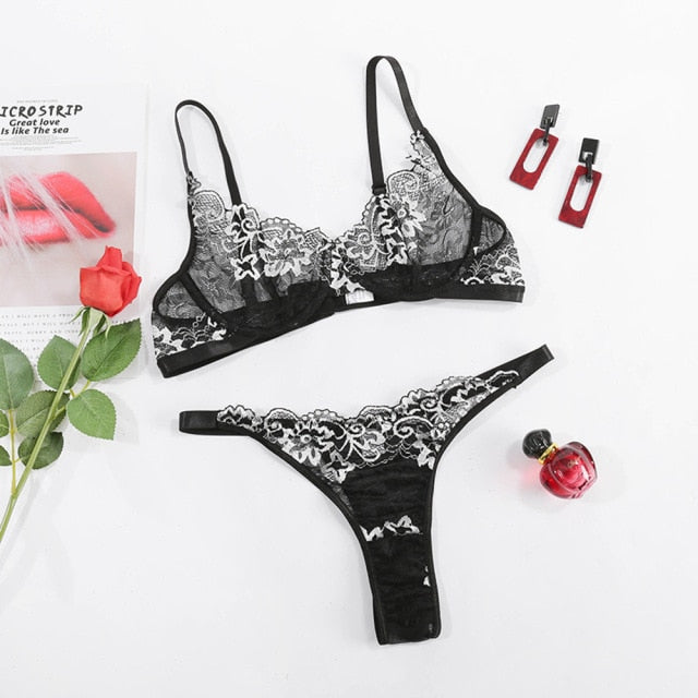 2 Piece Lingerie Deep-V Brief Floral Embroidery Underwear Push up Underwire Bra Transparent Intimate Set The Clothing Company Sydney