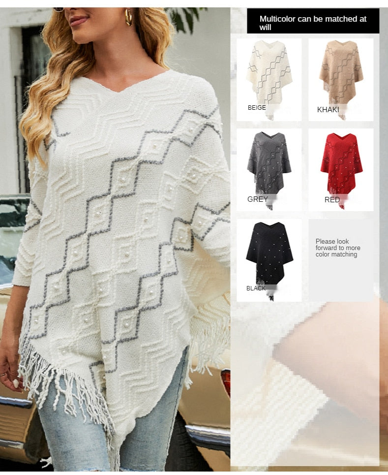 Autumn Winter Sweaters Poncho Knitting Capes Cloak Sweater V-Neck Irregular Hem Tassels Coat Striped Knitted Pullover The Clothing Company Sydney