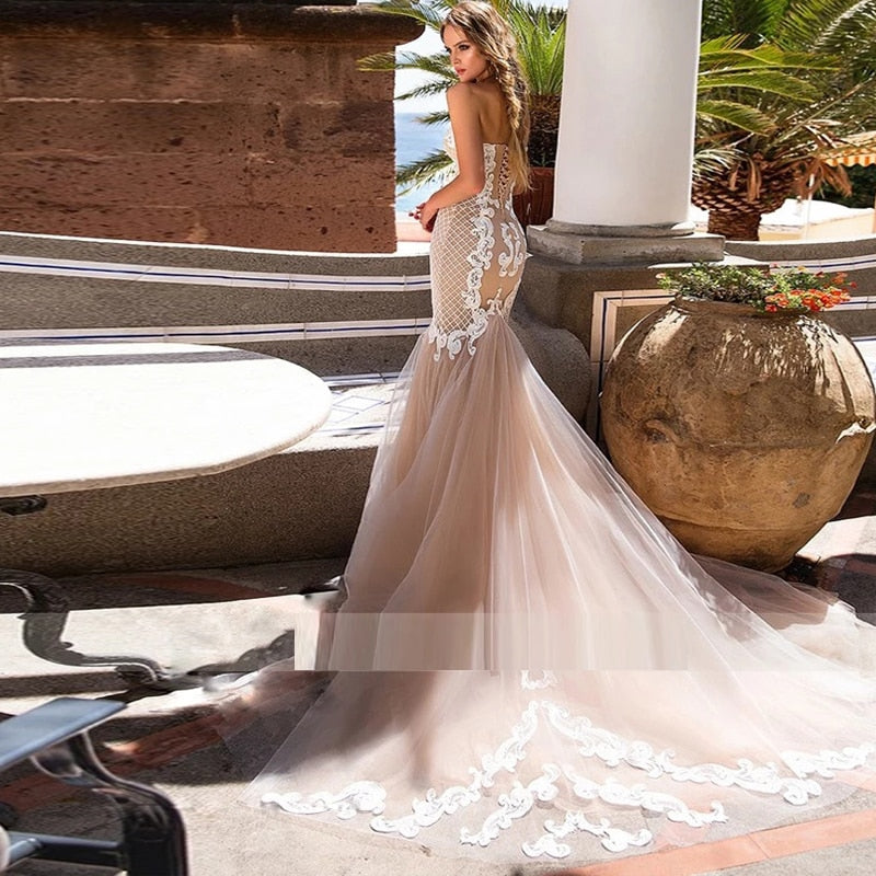 Charming Champagne Mermaid Sweetheart Appliques Train Lace Bridal Gown Corset Robe Custom Made Wedding Dresses The Clothing Company Sydney