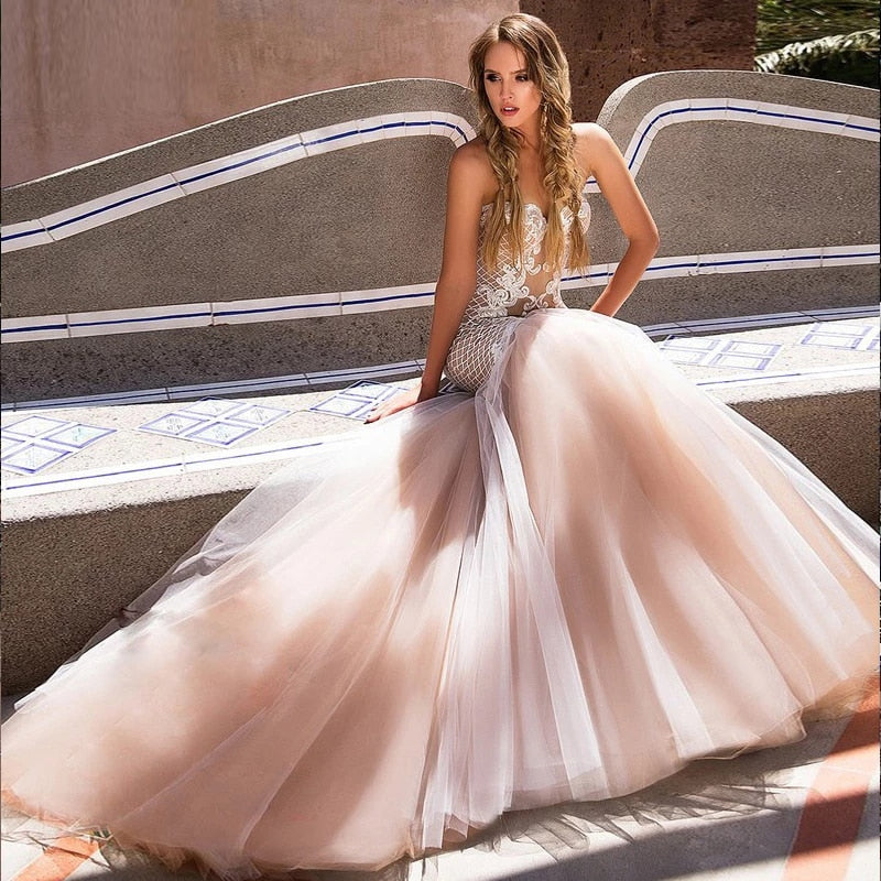 Charming Champagne Mermaid Sweetheart Appliques Train Lace Bridal Gown Corset Robe Custom Made Wedding Dresses The Clothing Company Sydney