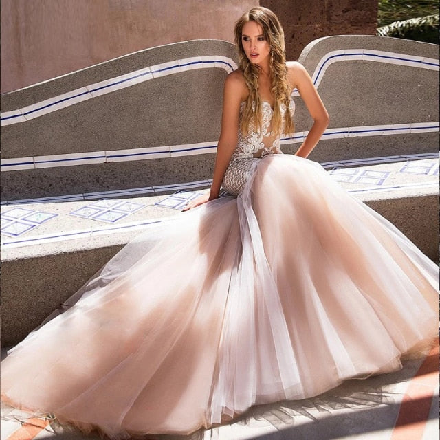 Charming Champagne Mermaid Sweetheart Appliques Train Lace Bridal Gown Corset Robe Custom Made Wedding Dresses The Clothing Company Sydney