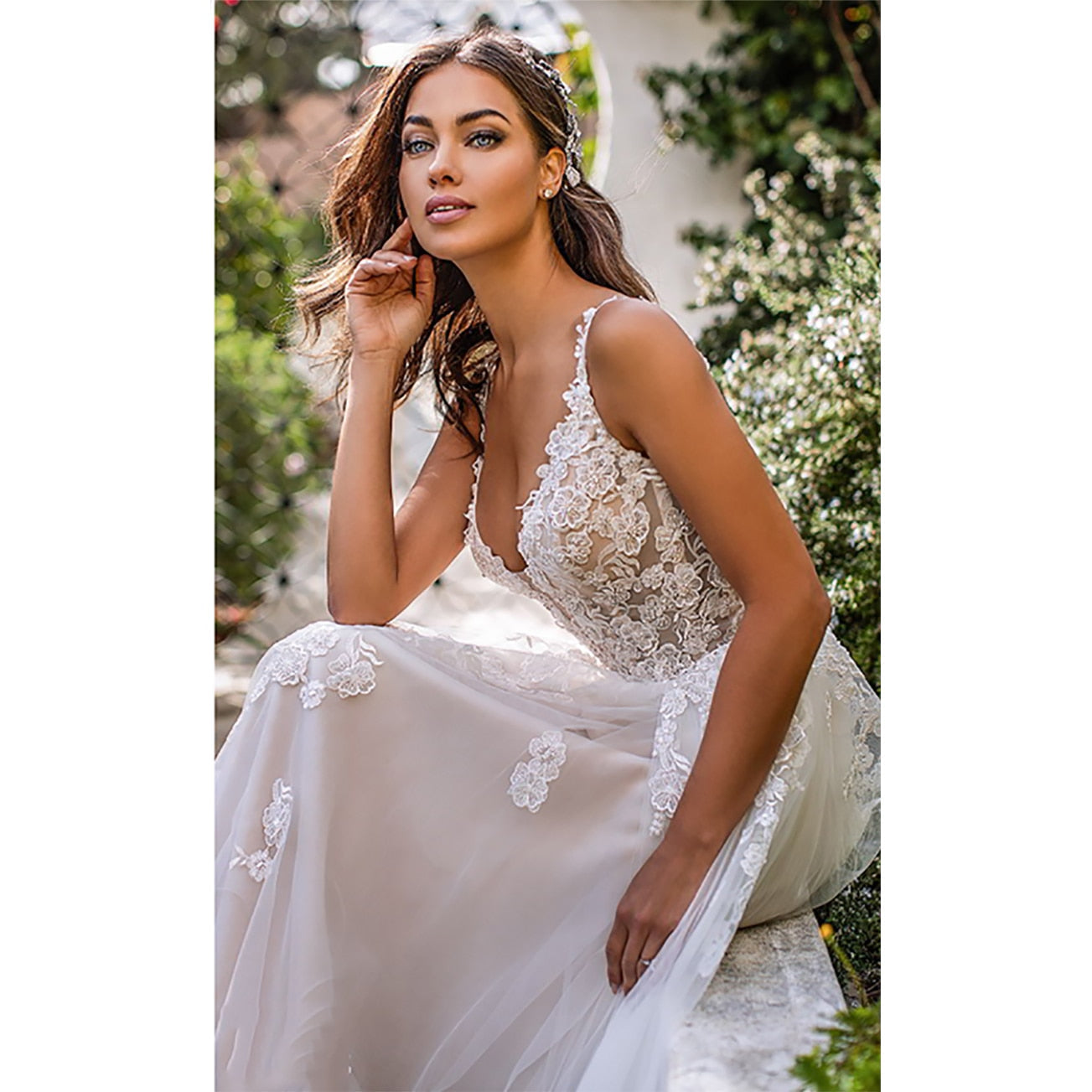 Long Boho A Line Backless 3D Flowers Spaghetti Strap Bride Princess Floor Length Wedding Gown Dress The Clothing Company Sydney