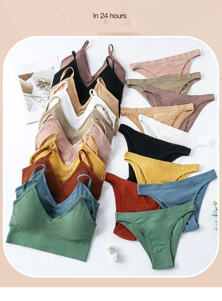 5 Piece Cotton Bra Set 1 Bra + 3 Panties Set Seamless Bra G String Thong Comfortable Sport Underwear Soft Lingerie The Clothing Company Sydney
