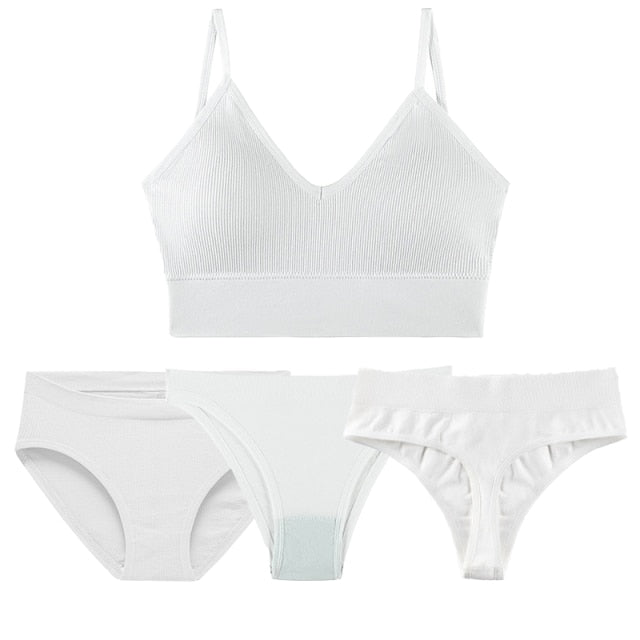 5 Piece Cotton Bra Set 1 Bra + 3 Panties Set Seamless Bra G String Thong Comfortable Sport Underwear Soft Lingerie The Clothing Company Sydney