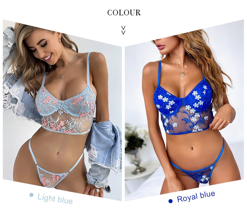 Embroidery Lingerie Set Women  2 Piece Sensual Lingerie Floral Bra Lace Women's Underwear Set Brief Set The Clothing Company Sydney