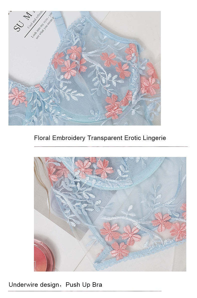 Embroidery Lingerie Set Women  2 Piece Sensual Lingerie Floral Bra Lace Women's Underwear Set Brief Set The Clothing Company Sydney