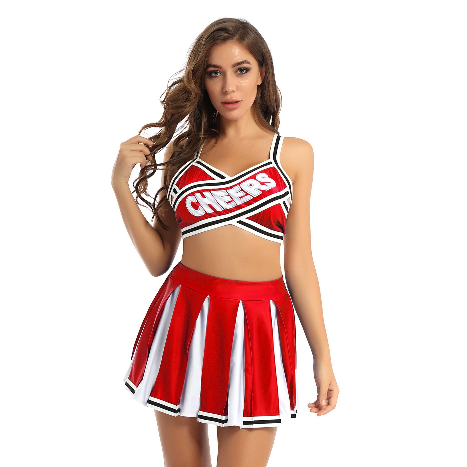 2 Piece Cheerleader Costume Cosplay Elastic Striped Shoulder Straps Back Cross Crop Top with High Waist Pleated Skirt The Clothing Company Sydney