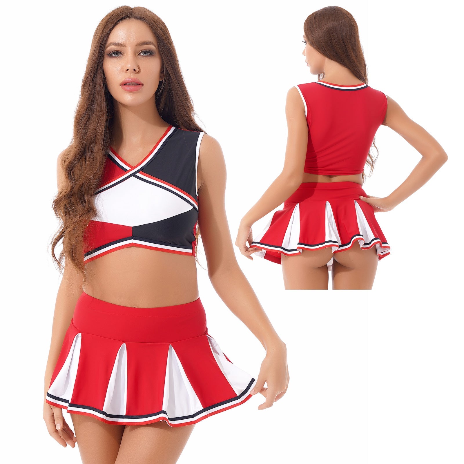 2 Piece Cheerleader Costume Cosplay Elastic Striped Shoulder Straps Back Cross Crop Top with High Waist Pleated Skirt The Clothing Company Sydney