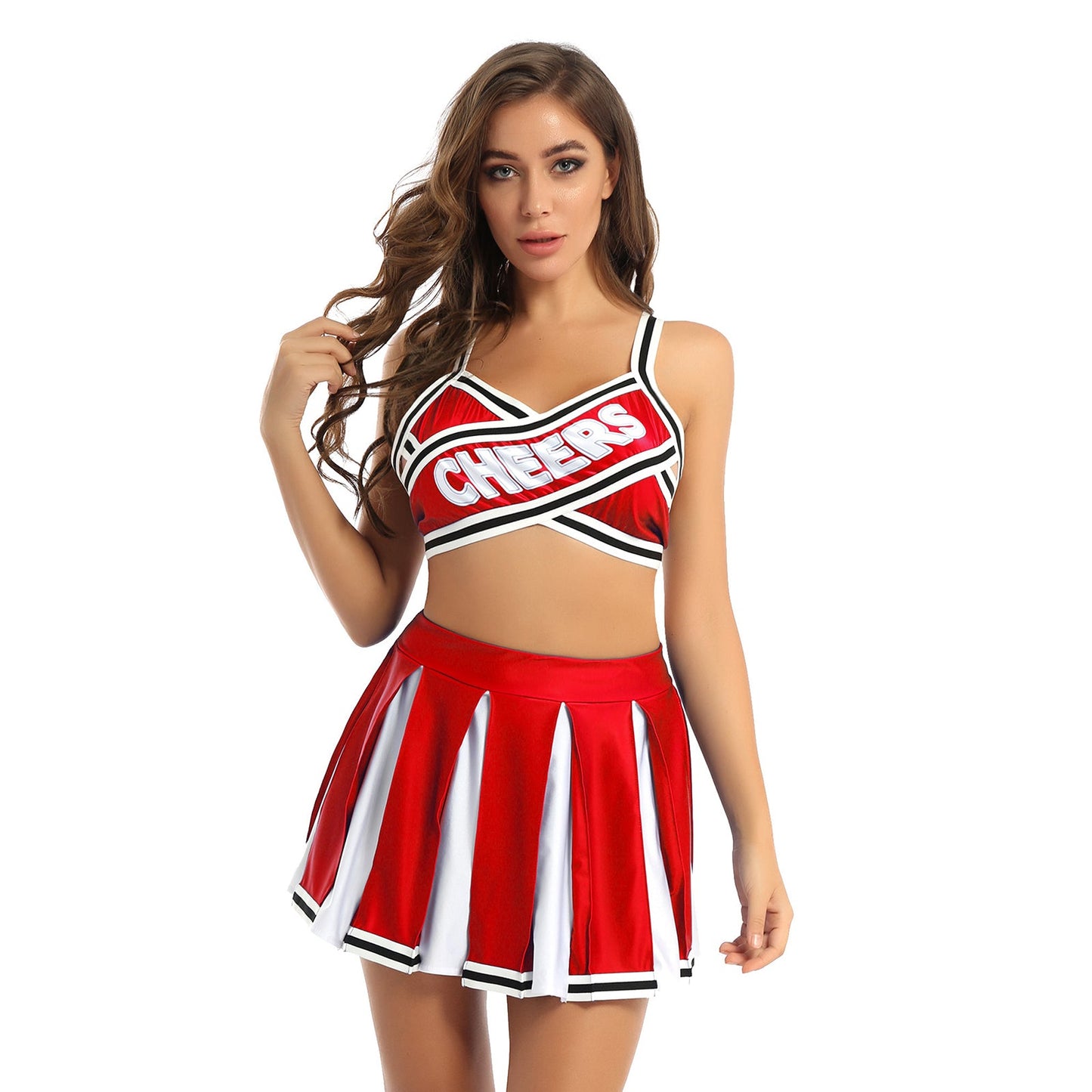 2 Piece Cheerleader Costume Cosplay Elastic Striped Shoulder Straps Back Cross Crop Top with High Waist Pleated Skirt The Clothing Company Sydney