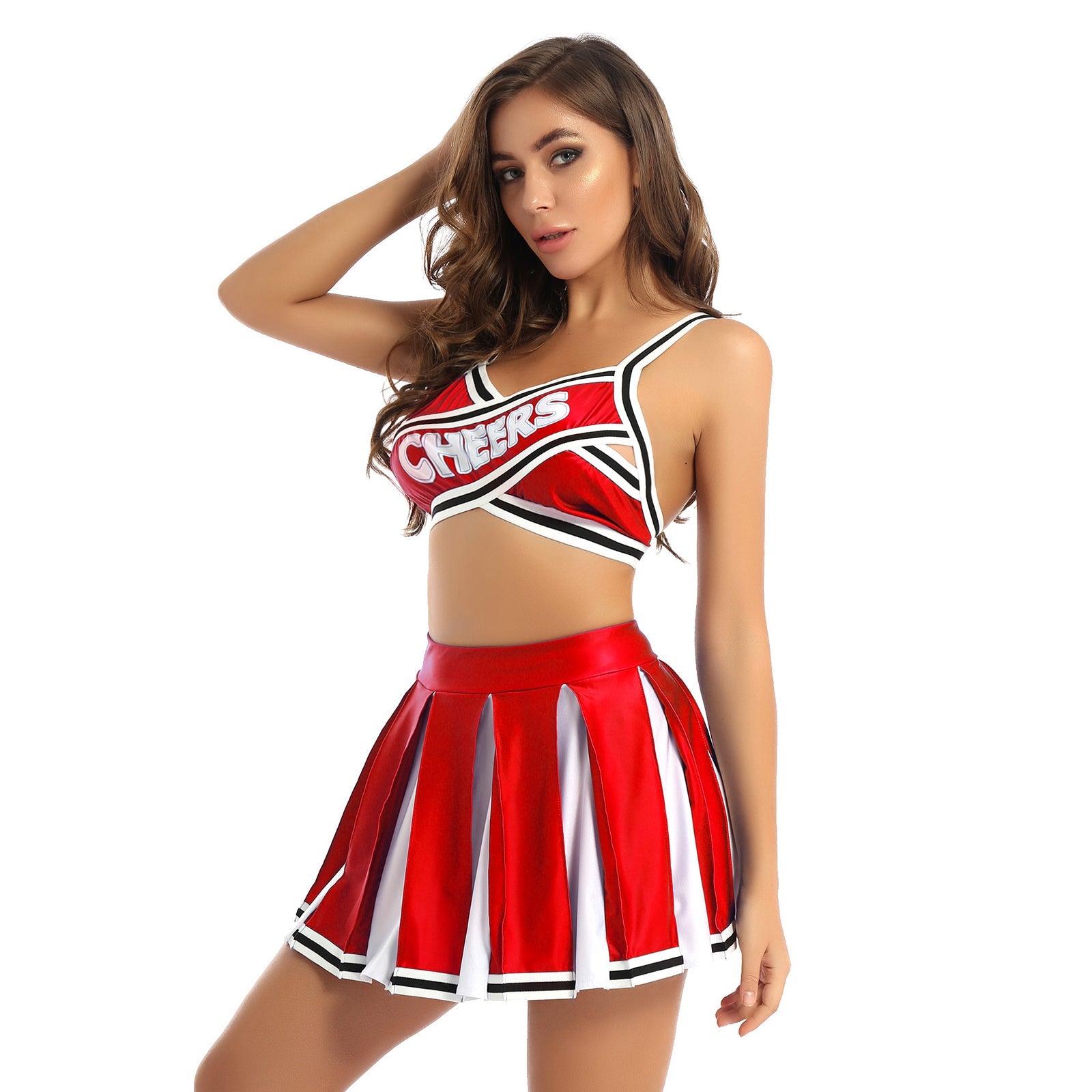 2 Piece Cheerleader Costume Cosplay Elastic Striped Shoulder Straps Back Cross Crop Top with High Waist Pleated Skirt The Clothing Company Sydney