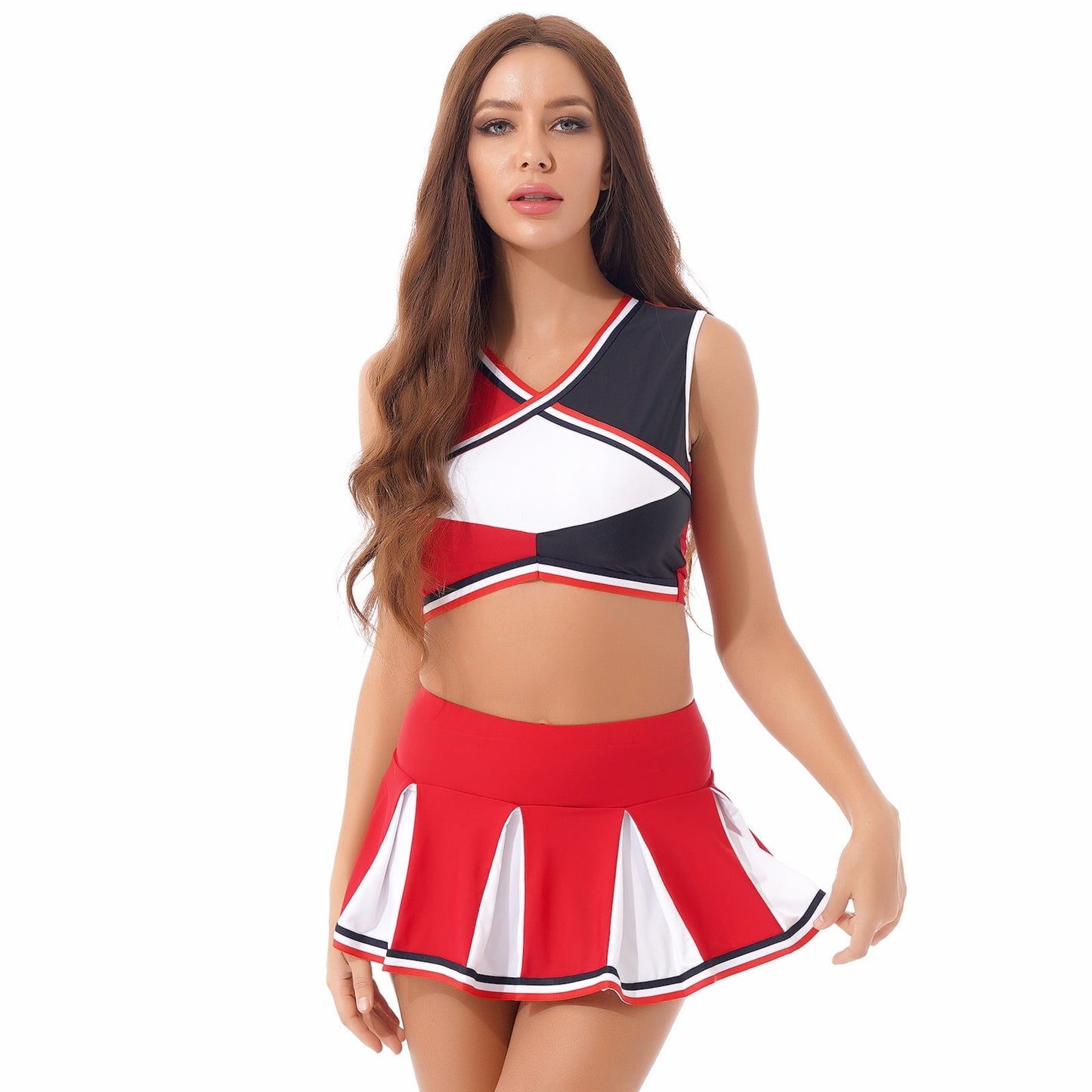 2 Piece Cheerleader Costume Cosplay Elastic Striped Shoulder Straps Back Cross Crop Top with High Waist Pleated Skirt The Clothing Company Sydney